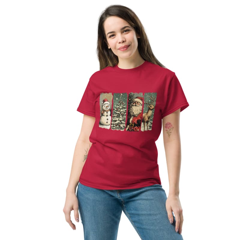 Red t-shirt featuring Christmas-themed graphics including a snowman, tree, and Santa Claus.