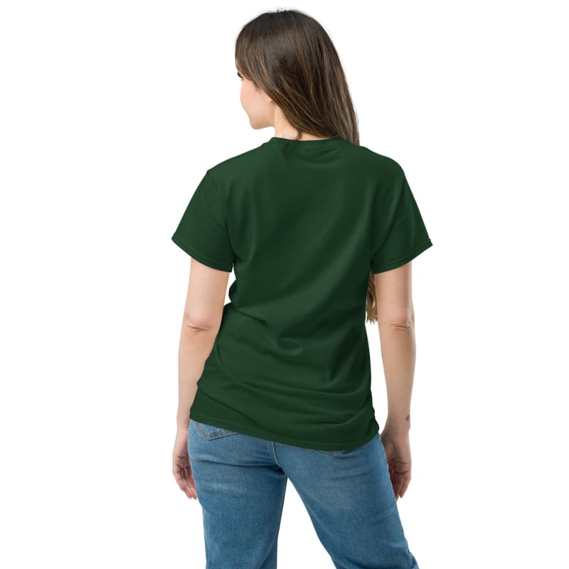 Dark green t-shirt worn by a person facing away from the camera.