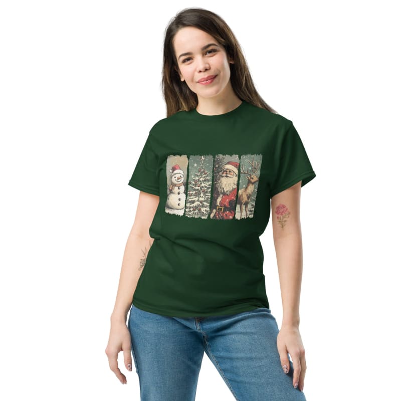 Green t-shirt with a Christmas-themed graphic design featuring a snowman, tree, and Santa Claus.