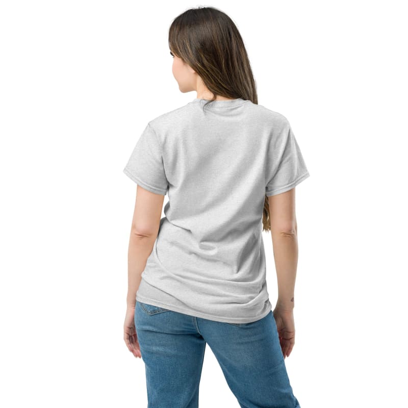 Plain white t-shirt worn by a person facing away from the camera.