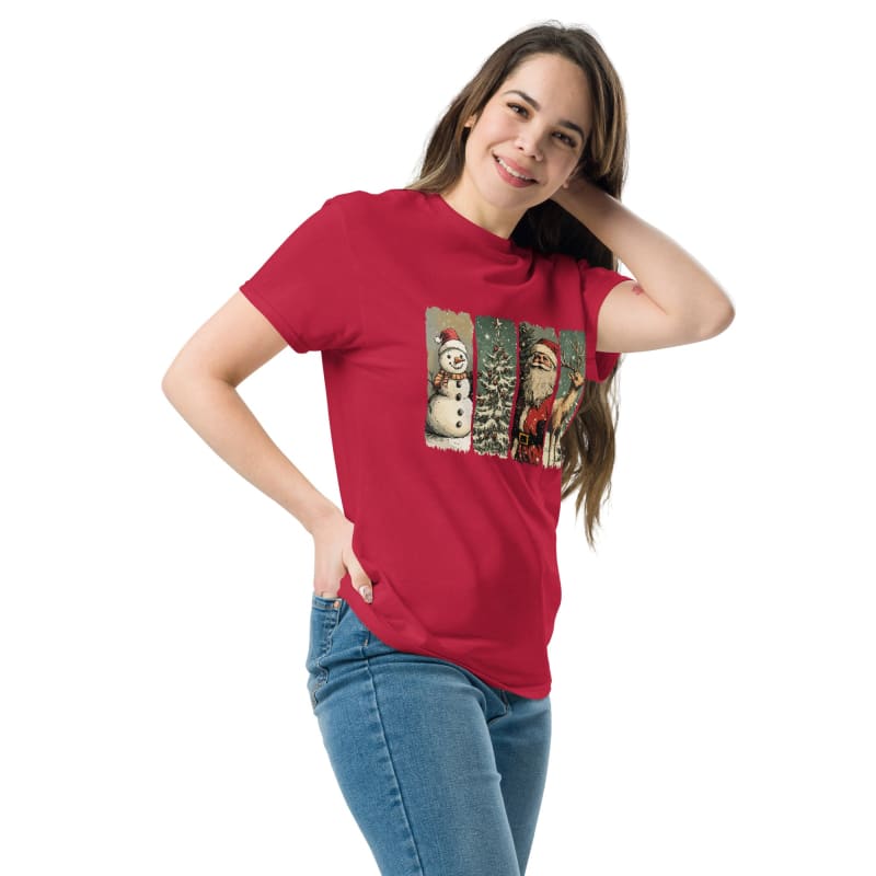 Red t-shirt with Christmas-themed graphic featuring a snowman, tree, and Santa Claus.