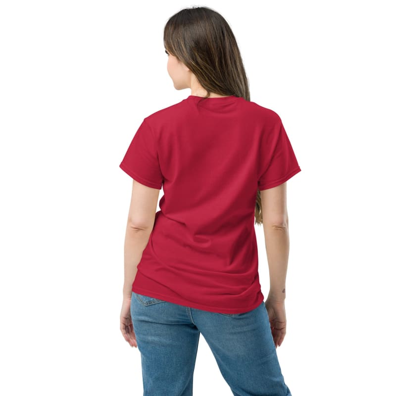 Red t-shirt worn by a person facing away from the camera.