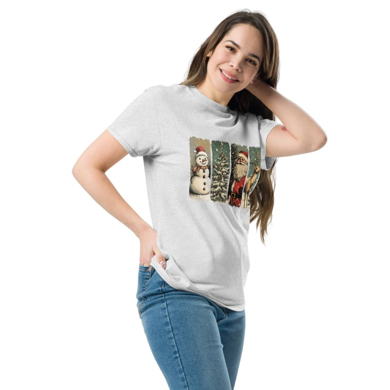 White t-shirt with a Christmas-themed graphic print featuring a snowman, tree, and Santa Claus.