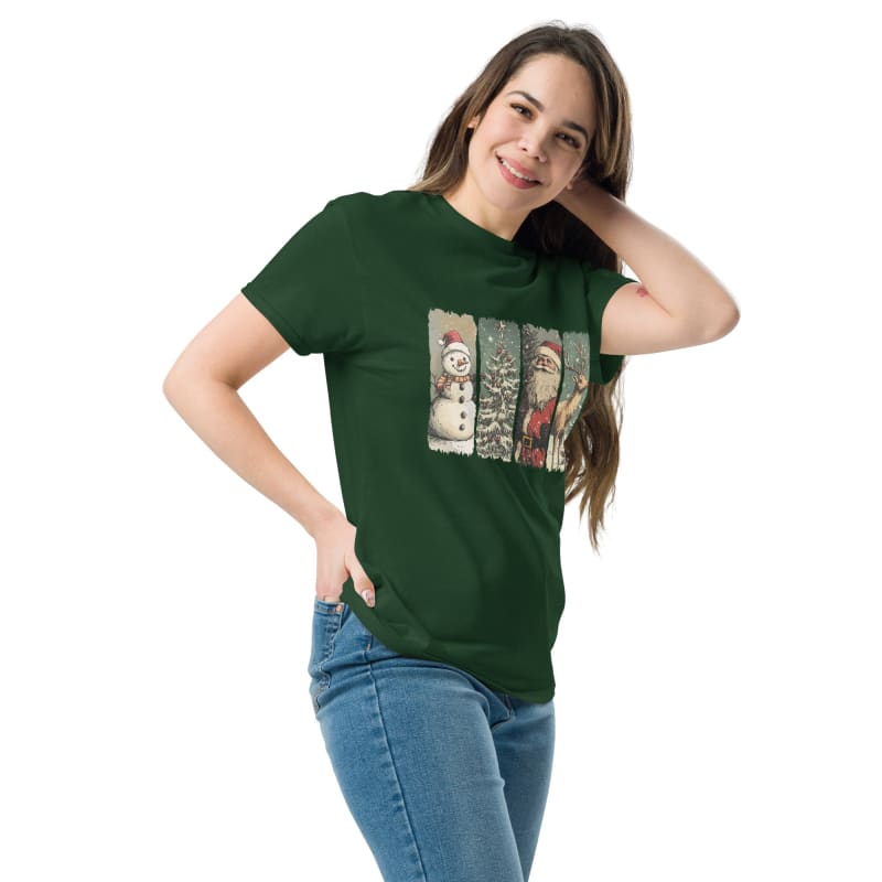 Woman wearing a green t-shirt with a Christmas-themed graphic print.