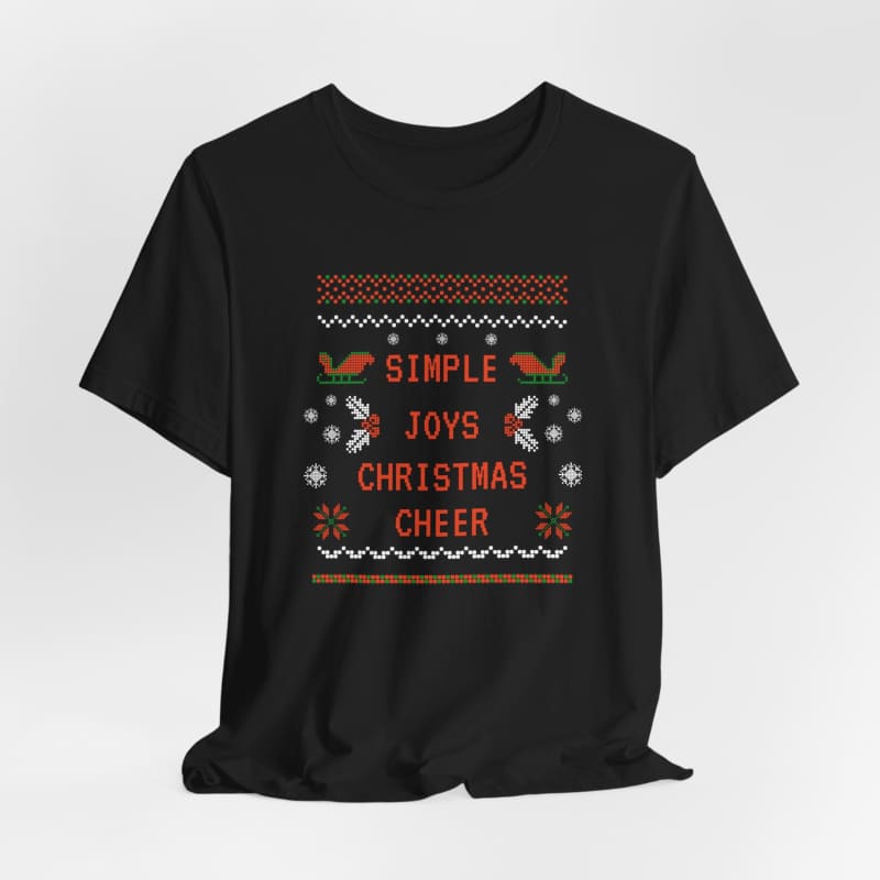 Black t-shirt featuring an ugly Christmas sweater design with text ’Simple Joys Christmas Cheer’ and holiday motifs.