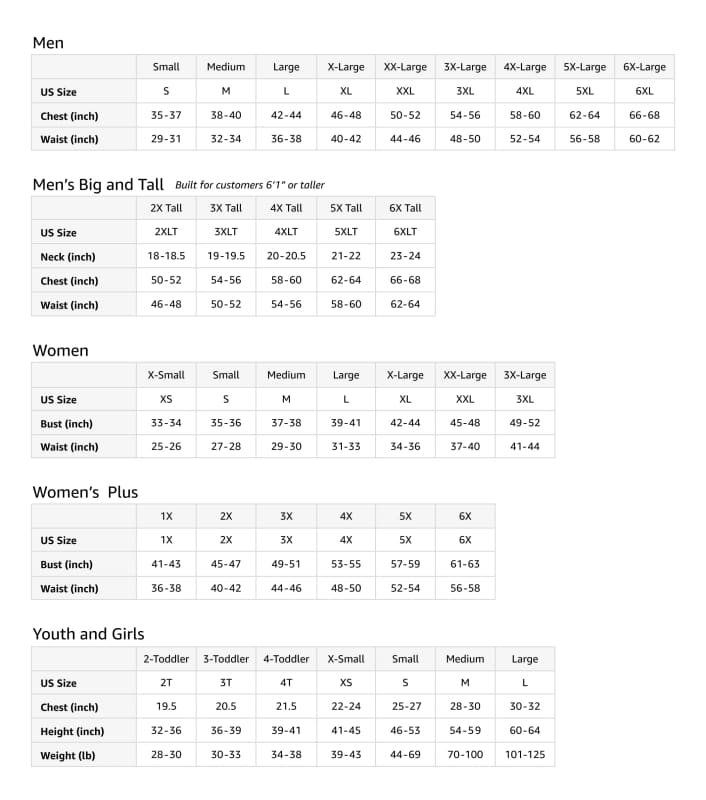 Size chart showing measurements for men’s, women’s, and youth clothing.