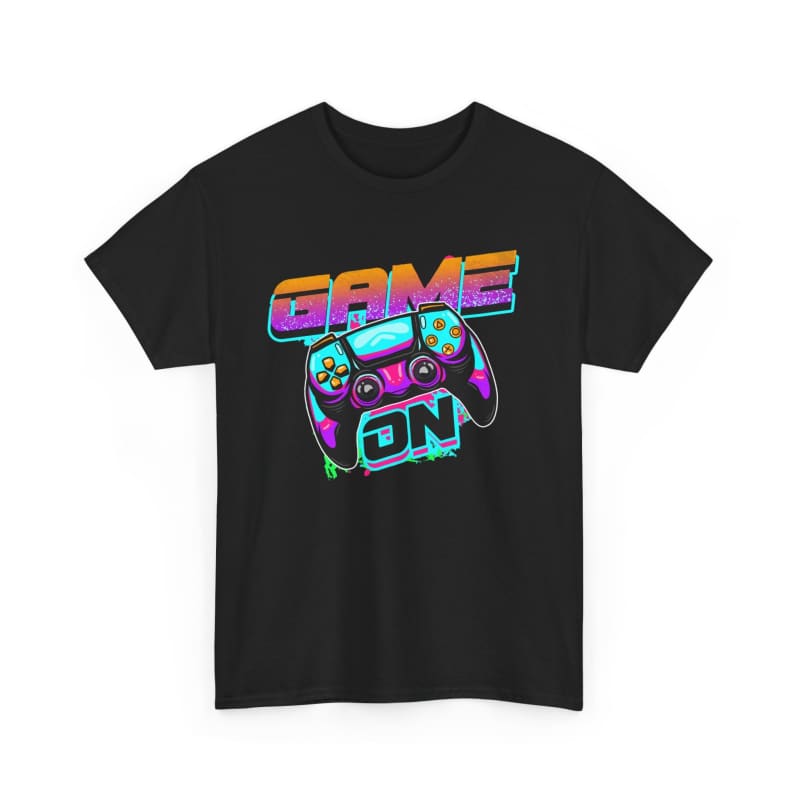 Black t-shirt featuring a colorful ’GAME ON’ graphic with a video game controller design.