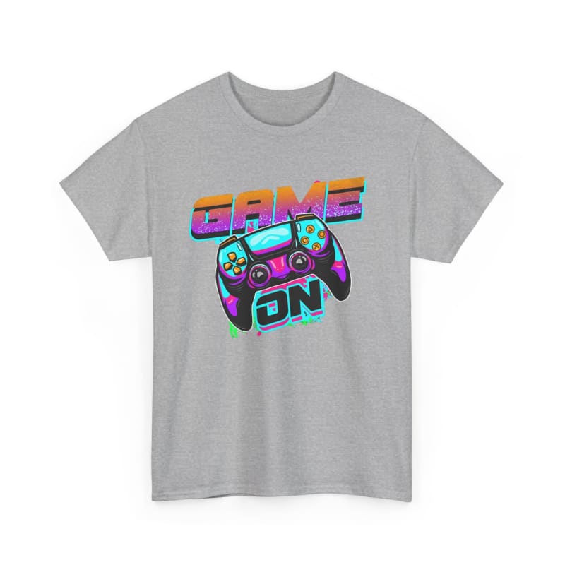 Grey t-shirt featuring a colorful ’GAME ON’ text design with a modern game controller graphic.