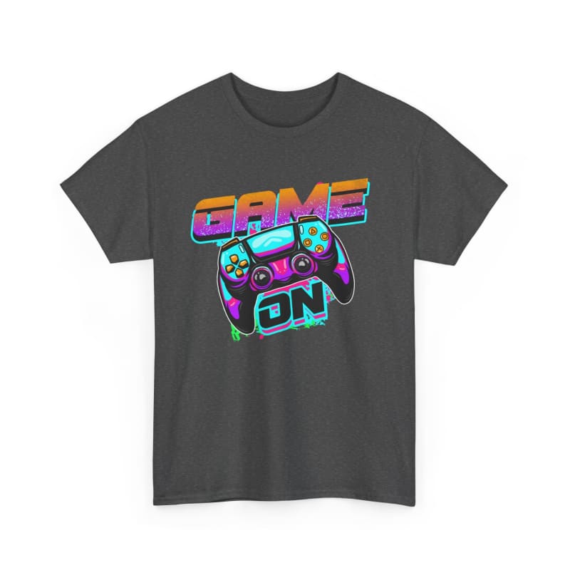 Grey t-shirt featuring a colorful ’GAME ON’ text design with a neon-style game controller graphic.