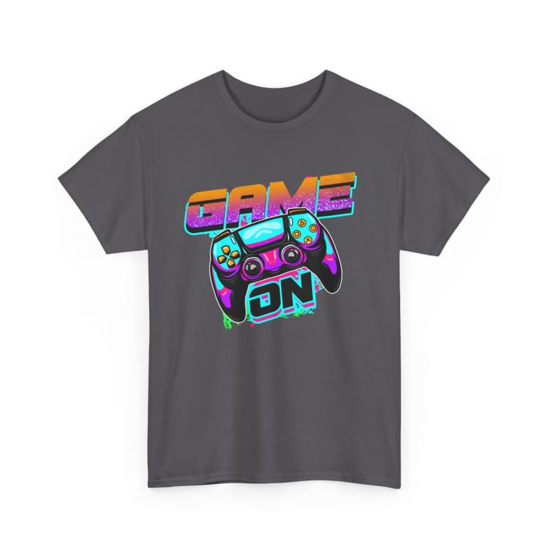 Grey t-shirt featuring a colorful ’GAME ON’ text design with a neon-styled game controller graphic.