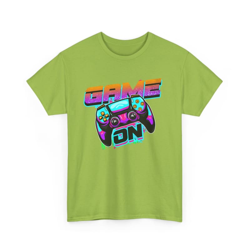 Lime green t-shirt featuring a colorful ’GAME ON’ graphic with a video game controller design.