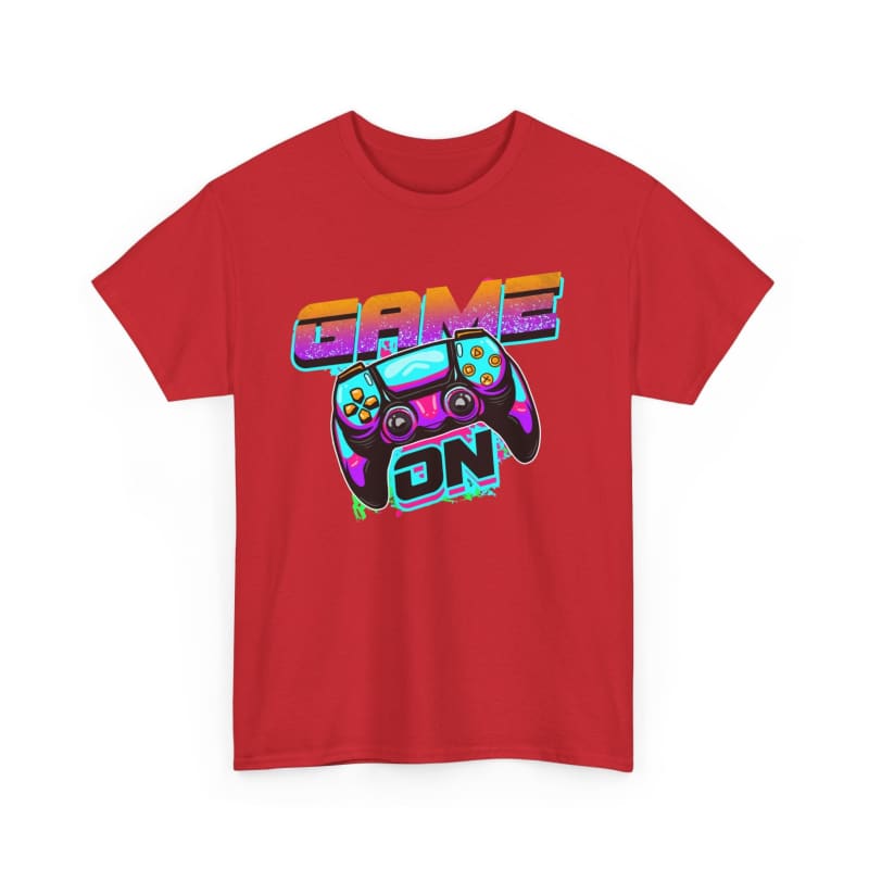 Red t-shirt featuring a colorful ’GAME ON’ graphic with a game controller design.