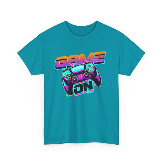 Teal t-shirt with a colorful ’GAME ON’ text and game controller graphic design.