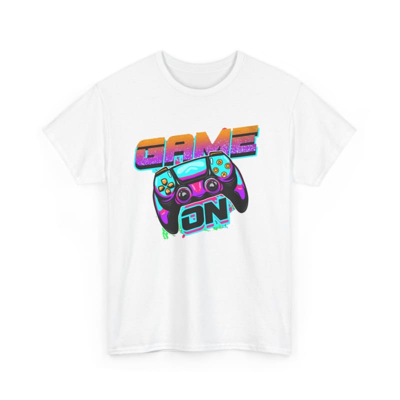 White t-shirt featuring a colorful ’GAME ON’ graphic with a video game controller design.