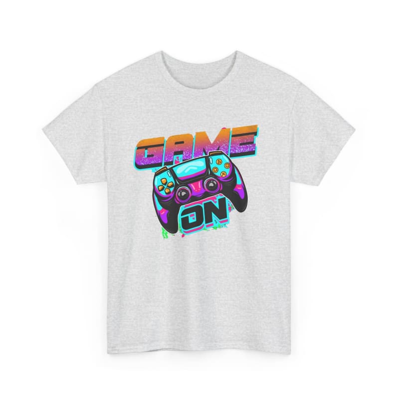 White t-shirt featuring a colorful ’GAME ON’ graphic with a rainbow-gradient gaming controller design.