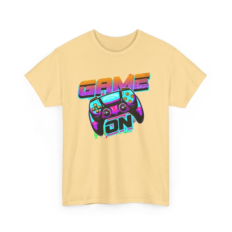 Yellow t-shirt featuring a colorful ’GAME ON’ graphic with a game controller design.