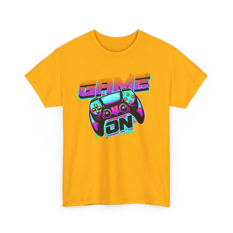 Yellow t-shirt featuring a retro-style gaming controller graphic with ’GAME ON’ text.