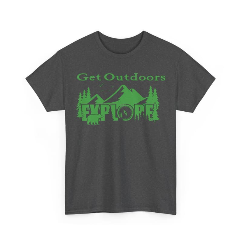 Dark gray t-shirt with green ’Get Outdoors EXPLORE’ text and mountain/tree graphics.