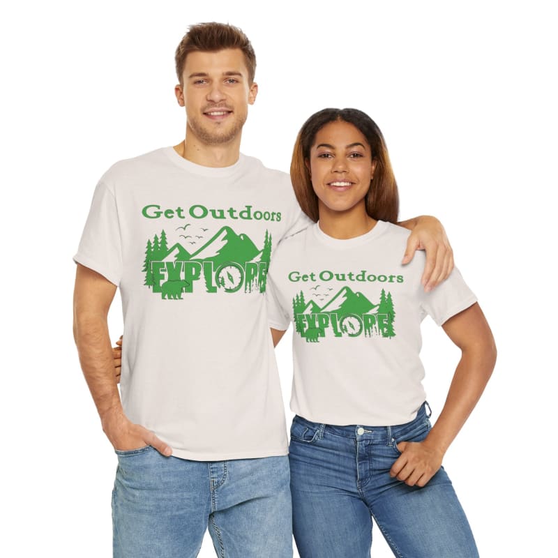 Matching white t-shirts with ’Get Outdoors’ printed in green, featuring a mountain and forest design.