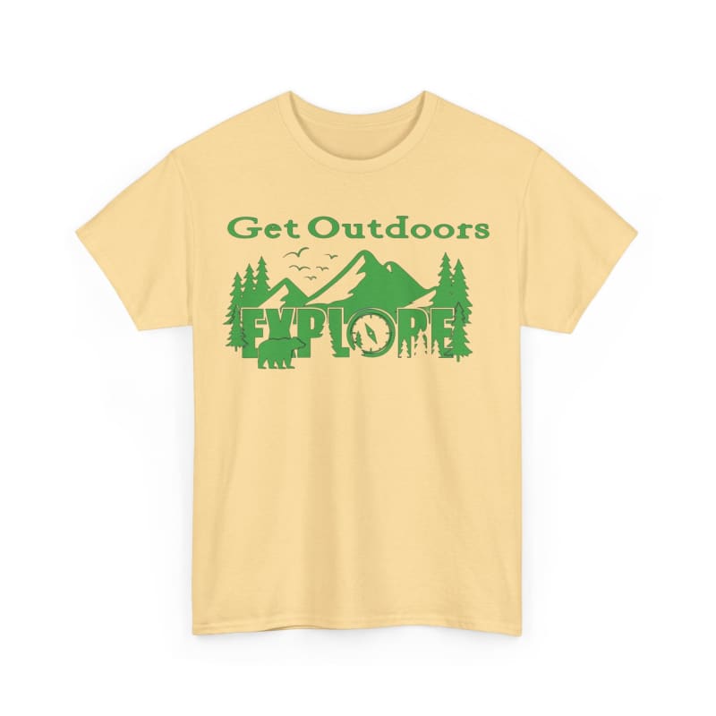 Yellow t-shirt with green ’Get Outdoors EXPLORE’ text and nature graphics.