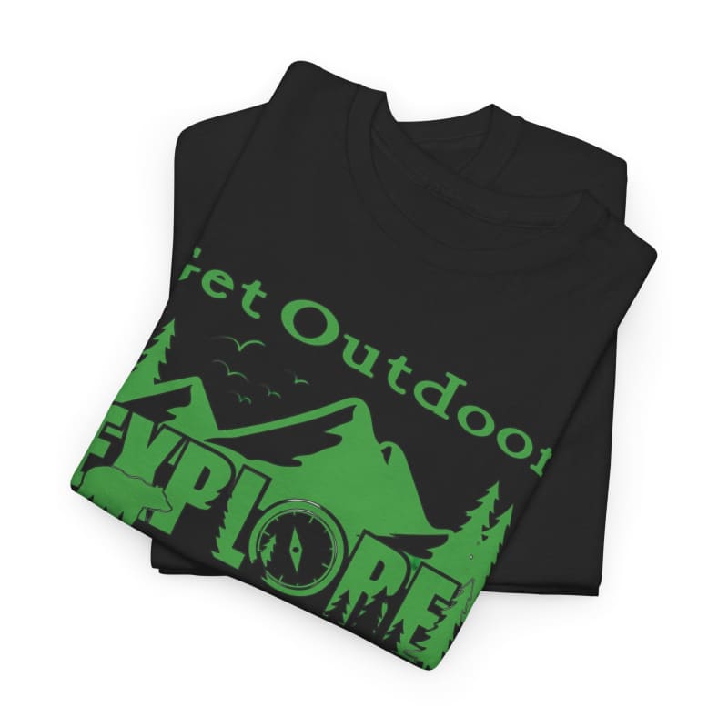 Folded black t-shirt with green ’Get Outdoor Explore’ text and mountain graphics.