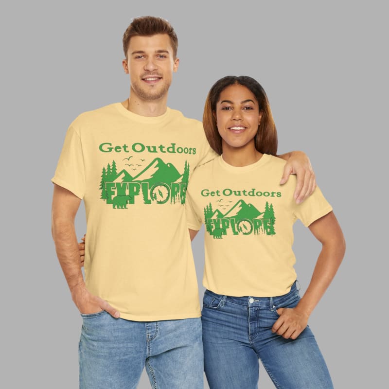 Matching yellow t-shirts with ’Get Outdoors’ and nature graphics printed on them.