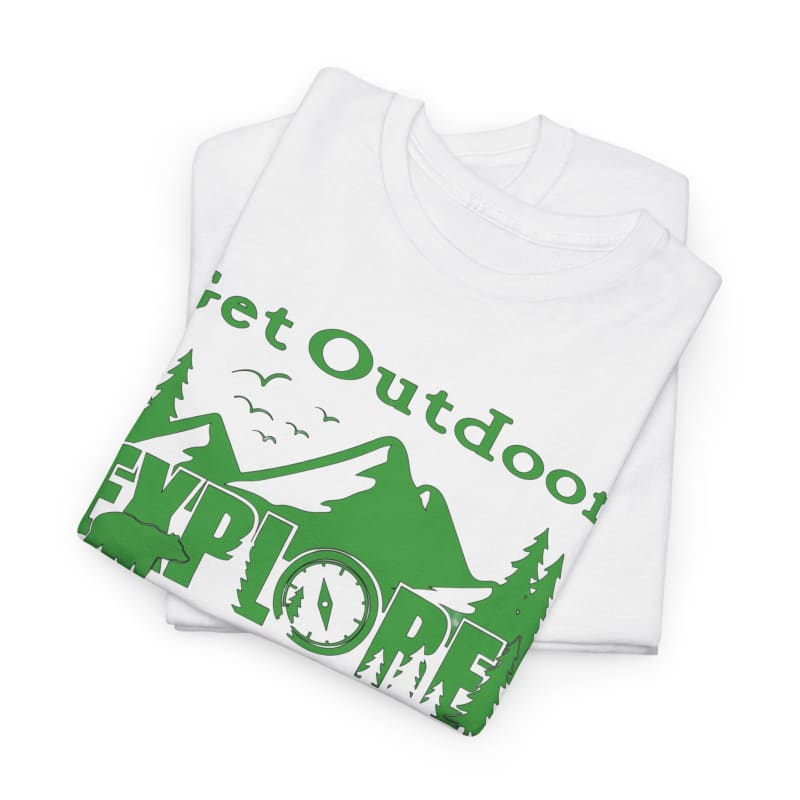 Folded white t-shirt with green ’Get Outdoors Explore’ graphic design featuring mountains and trees.