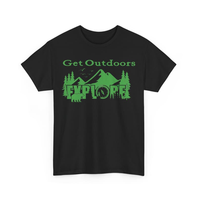 Black t-shirt with green ’Get Outdoors EXPLORE’ text and nature graphics.