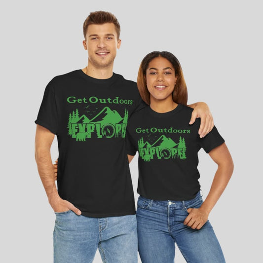 Matching black t-shirts with green ’Get Outdoors’ designs featuring mountains and trees.