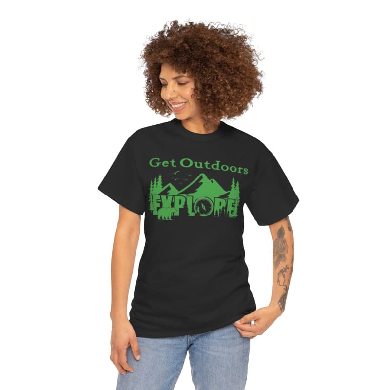 Black t-shirt with green ’Get Outdoors EXPLORE’ text and mountain graphics.