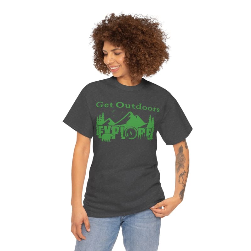 Dark gray t-shirt with green ’Get Outdoors EXPLORE’ text and mountain graphics.