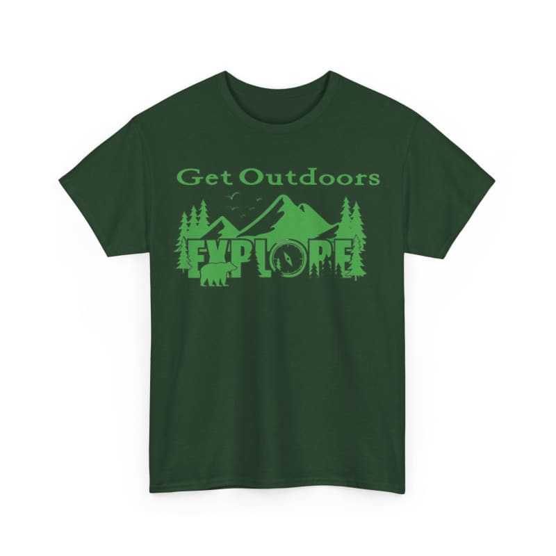 Dark green t-shirt with ’Get Outdoors EXPLORE’ text and mountain/forest graphics printed in lighter green.