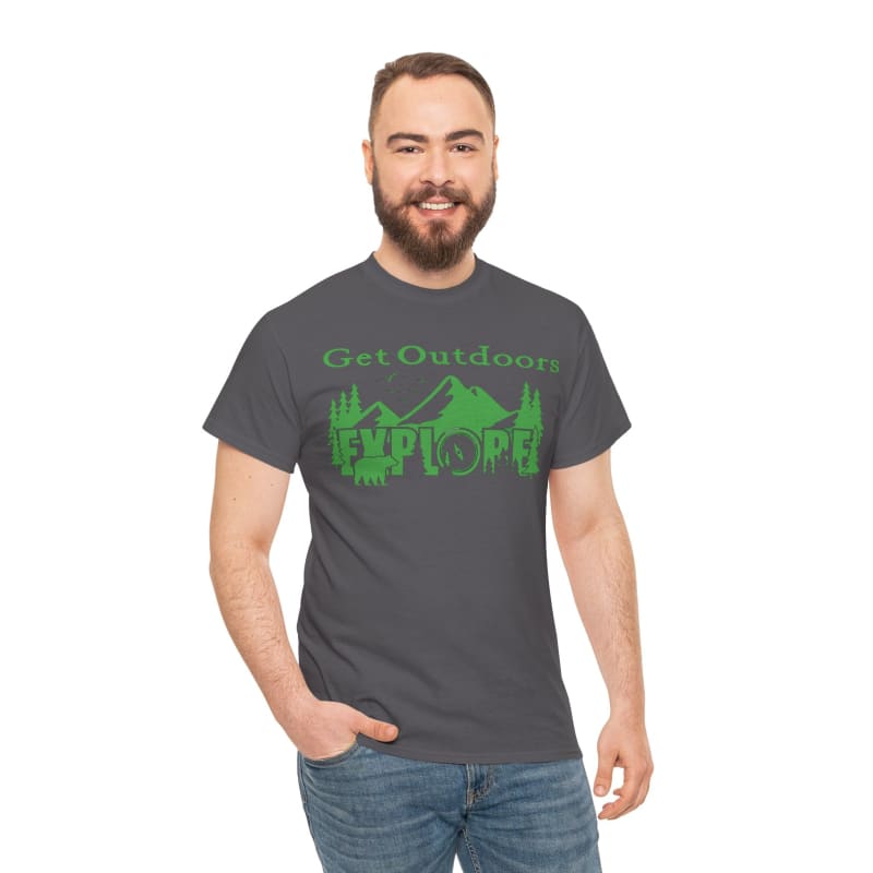 Gray t-shirt with green ’Get Outdoors’ text and nature-themed graphics.