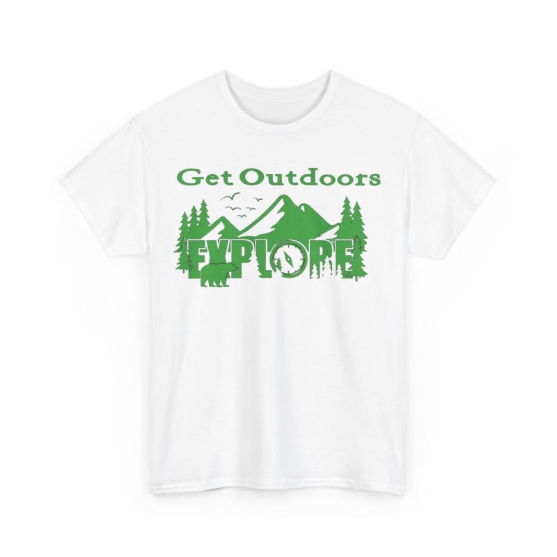 White t-shirt with green ’Get Outdoors EXPLORE’ text and nature graphics.