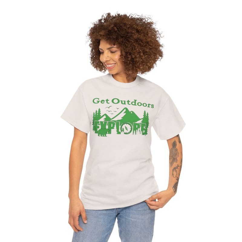 White t-shirt with green ’Get Outdoors’ camping-themed graphic print.