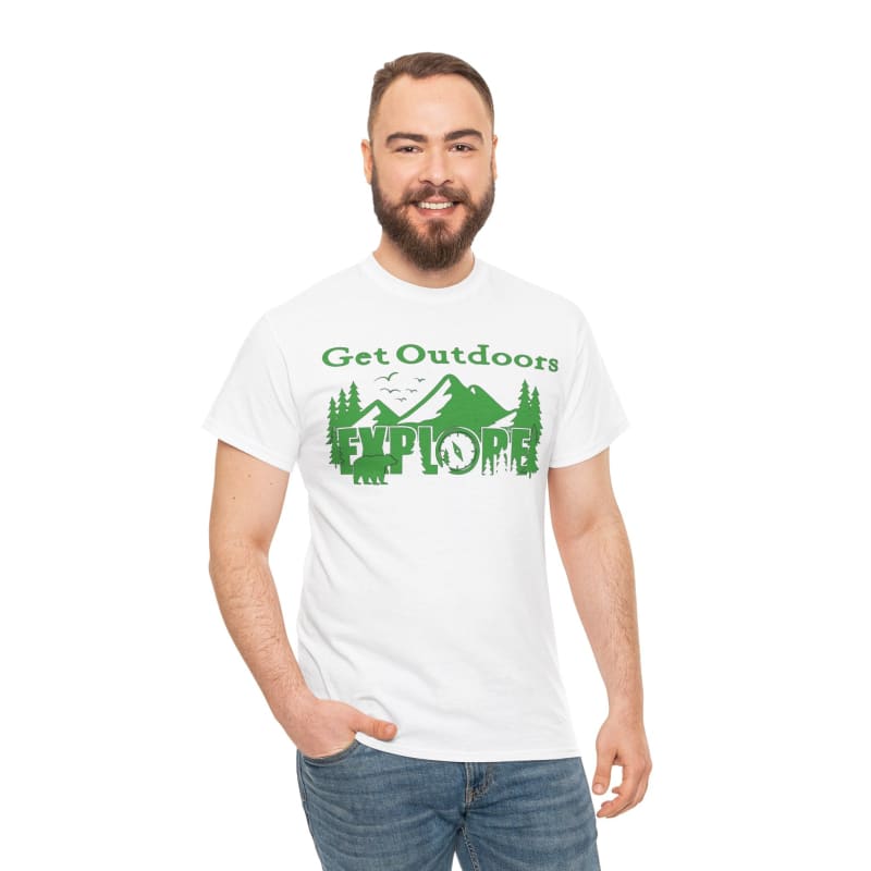 White t-shirt with green ’Get Outdoors’ camping-themed graphic design.