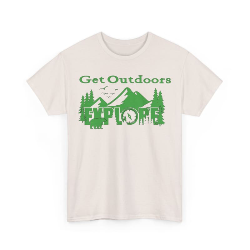 White t-shirt with green ’Get Outdoors EXPLORE’ text and nature graphics.