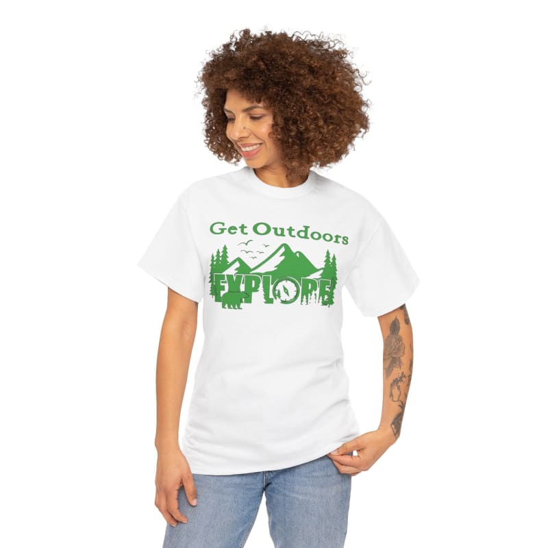 White t-shirt with green ’Get Outdoors’ camping-themed graphic design.