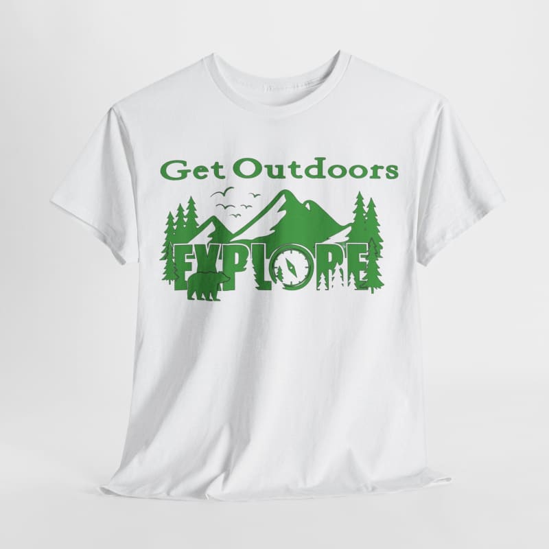 White t-shirt with green ’Get Outdoors EXPLORE’ text and nature graphics.