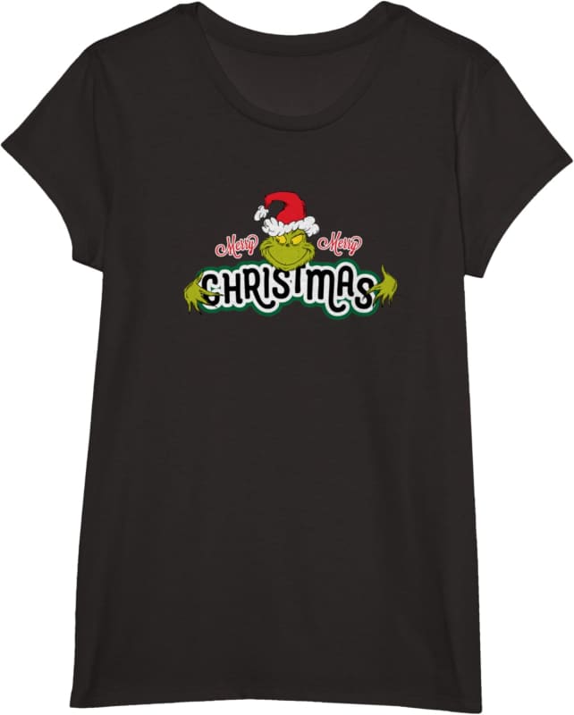 Black t-shirt with a festive ’Christmas’ graphic design featuring a Santa hat and holly decorations.