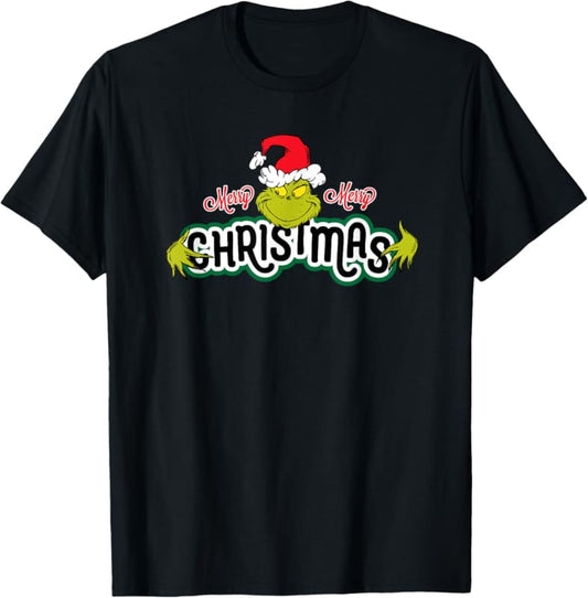 Black t-shirt with ’Christmas’ text design featuring a Santa hat and green grinch hands.