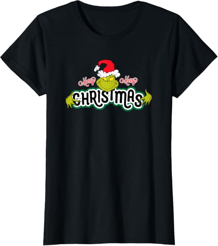 Black t-shirt with colorful ’Christmas’ text and Santa hat graphic design.