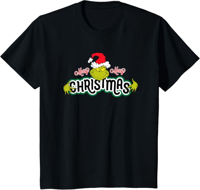 Black t-shirt with a Grinch-themed Christmas graphic design.