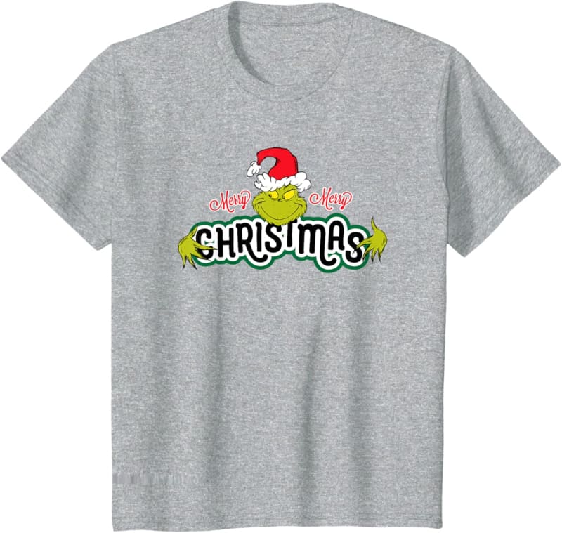 Grey t-shirt with a Grinch-themed Christmas graphic design.