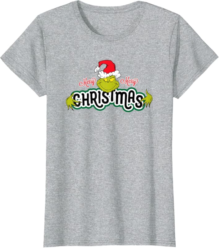 Grey t-shirt with a festive ’Christmas’ graphic featuring a Santa hat and green decorative elements.