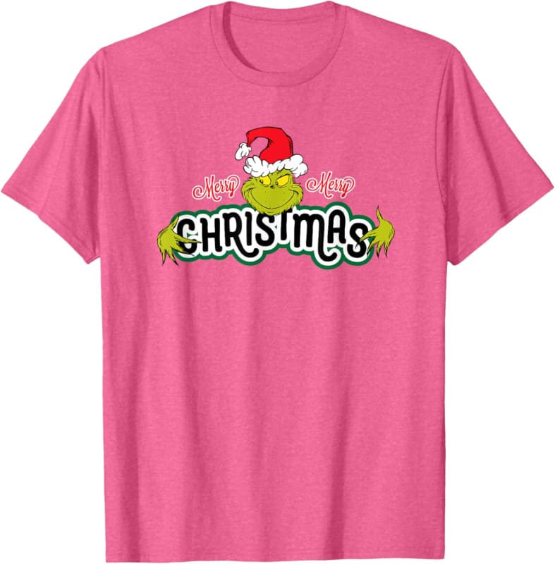 Pink t-shirt with ’Christmas’ text decorated with a Santa hat and green accents.