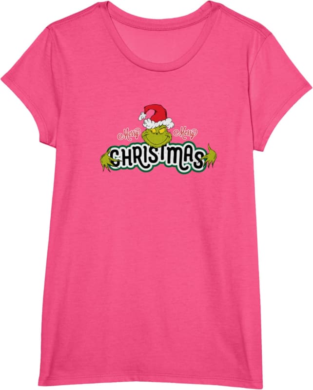 Pink t-shirt with ’Christmas’ text and holiday graphics printed on the front.