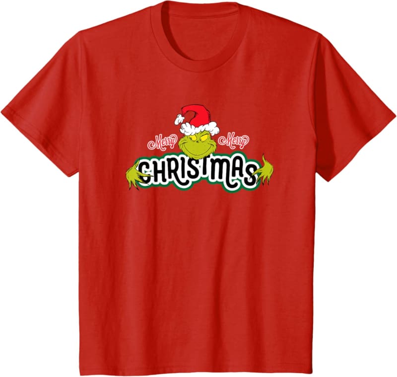 Red t-shirt featuring a Grinch-themed Christmas graphic design.