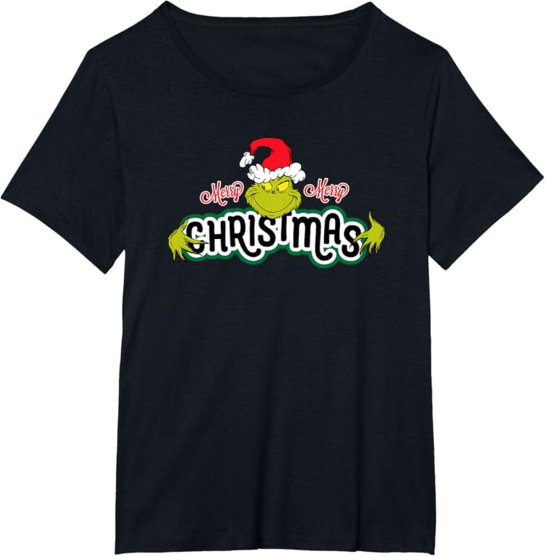 Black t-shirt featuring a Grinch-themed Christmas graphic design.