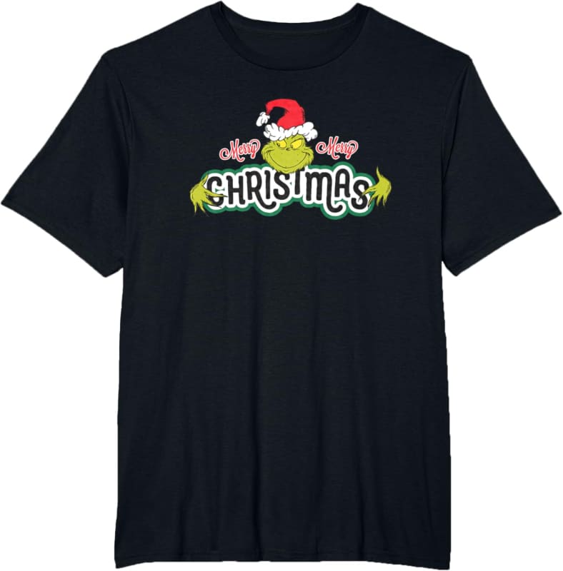 Black t-shirt with colorful ’Christmas’ text and Santa hat graphic design.